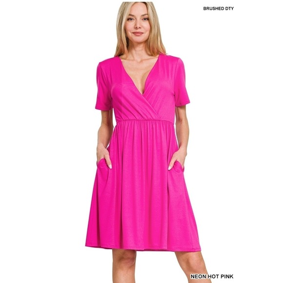 Zenana Outfitters Dresses & Skirts - Zenana Neon Hot Pink Brushed DTY Surplice Dress with Pockets